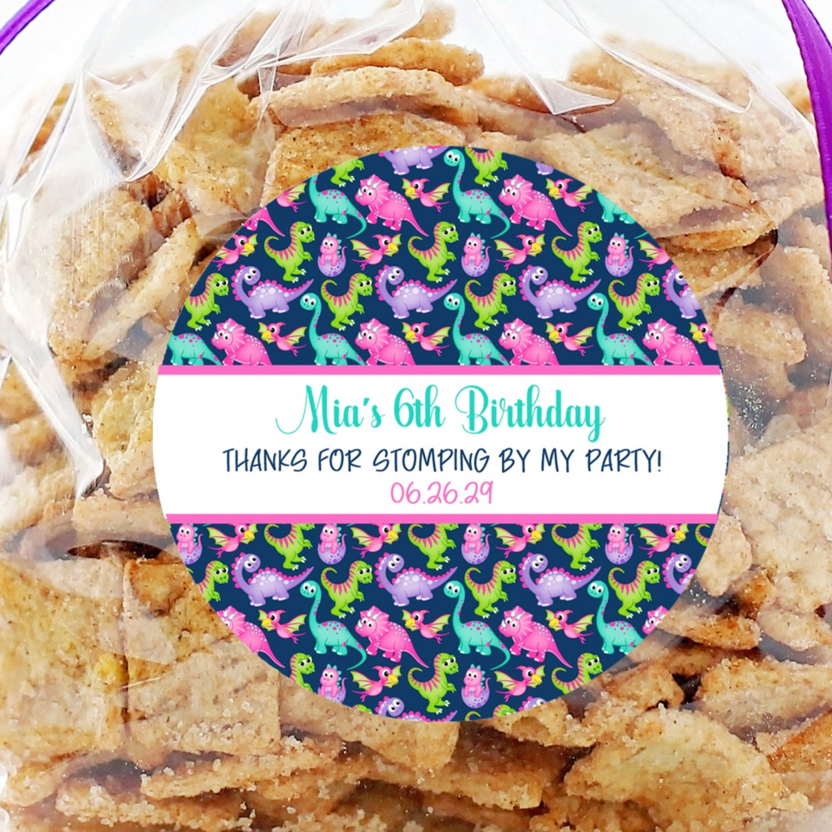 Multicolor dinosaur birthday sticker on navy background
