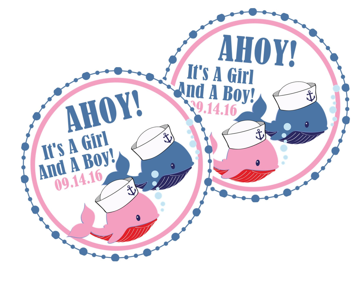 Nautical “Ahoy It’s a Girl and a Boy” baby shower favor label