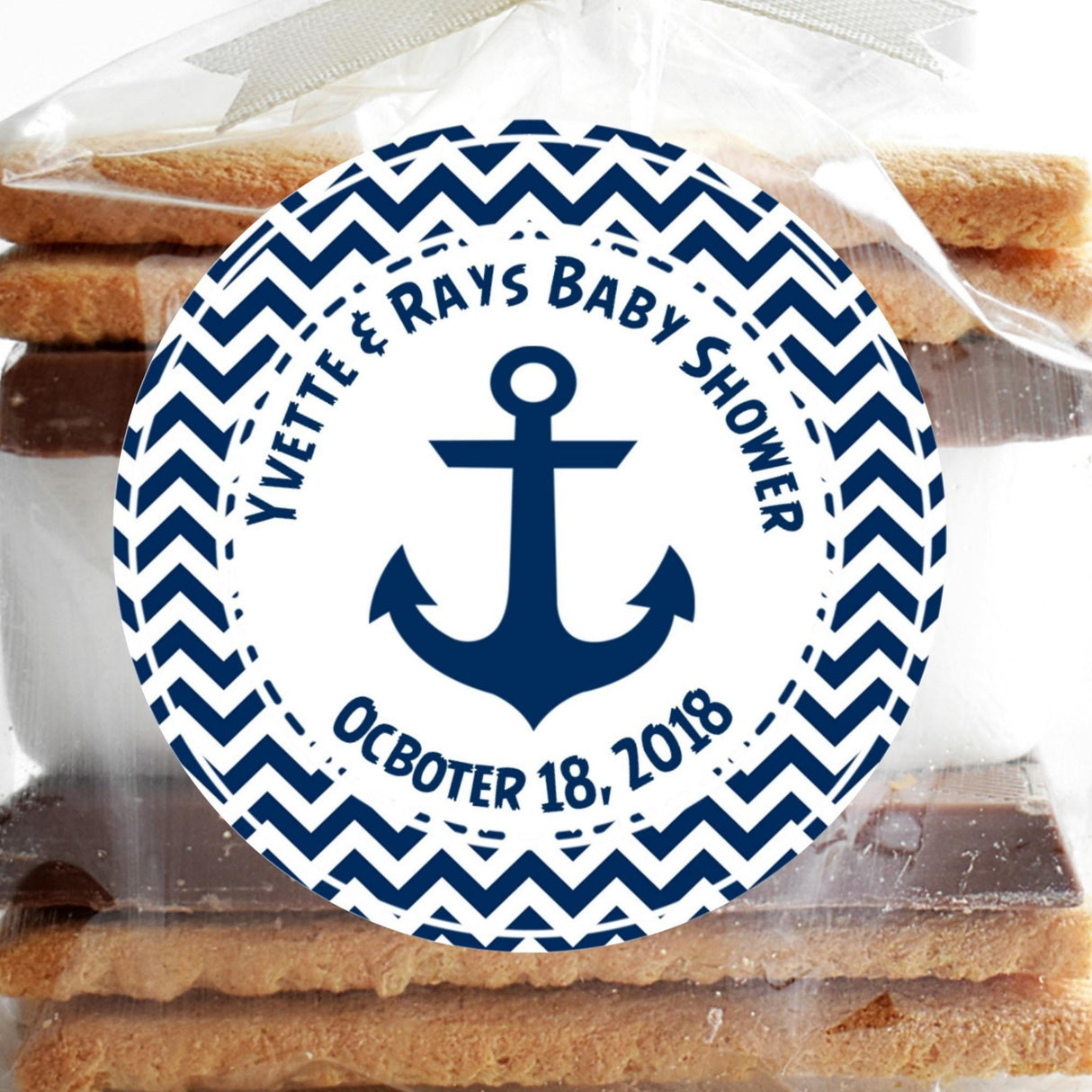 Nautical anchor baby shower sticker with navy chevron border