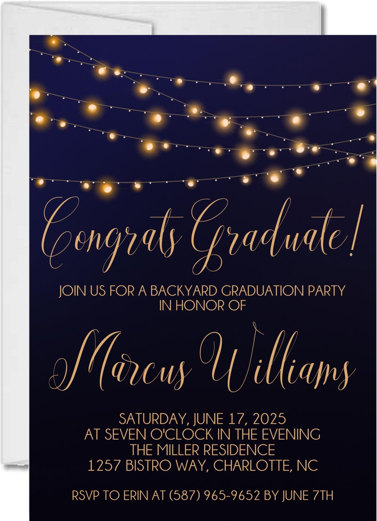 Navy and gold bistro lights graduation party invitation with customizable graduation year