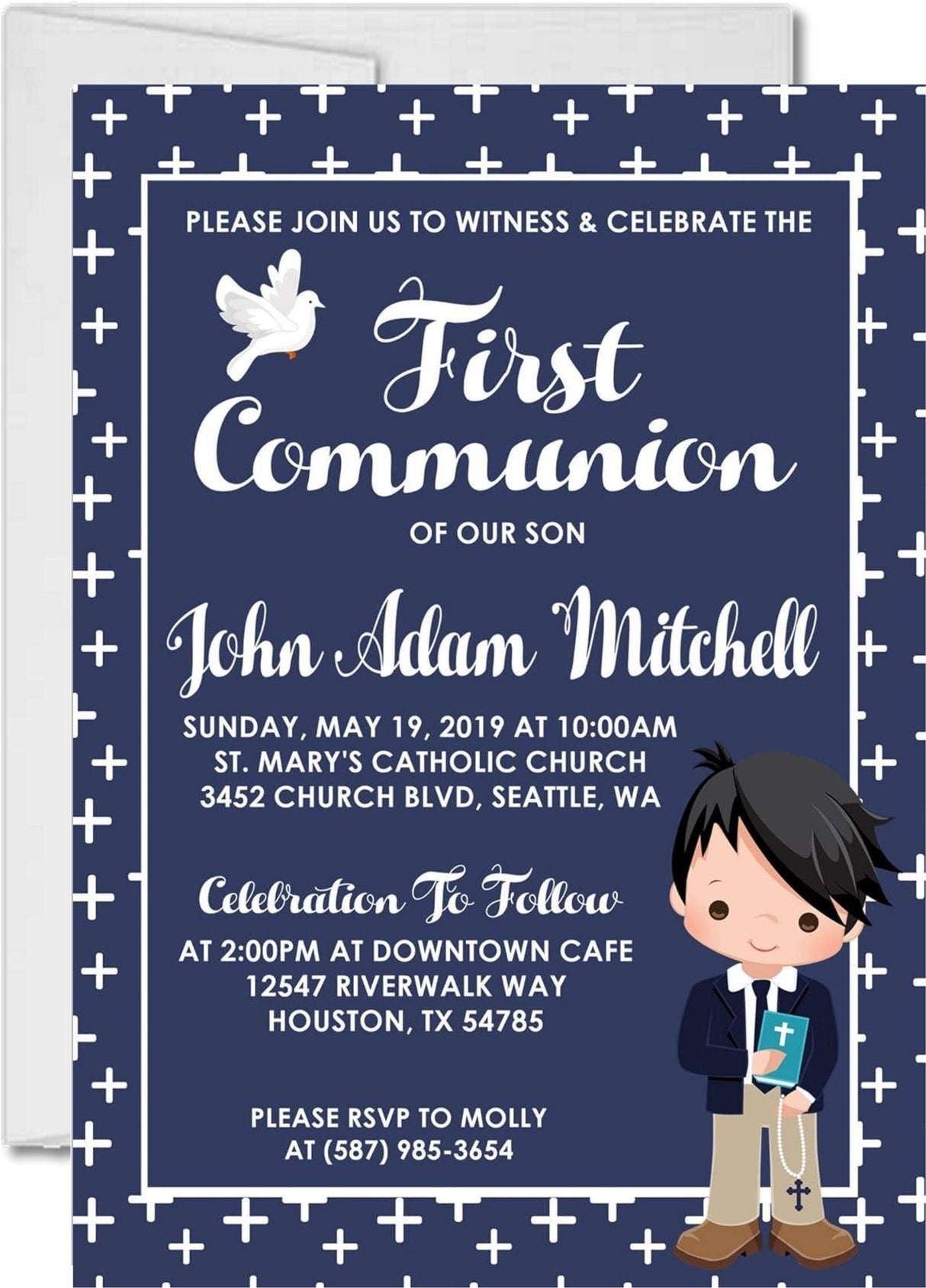 Navy blue first holy communion invitation with cross pattern