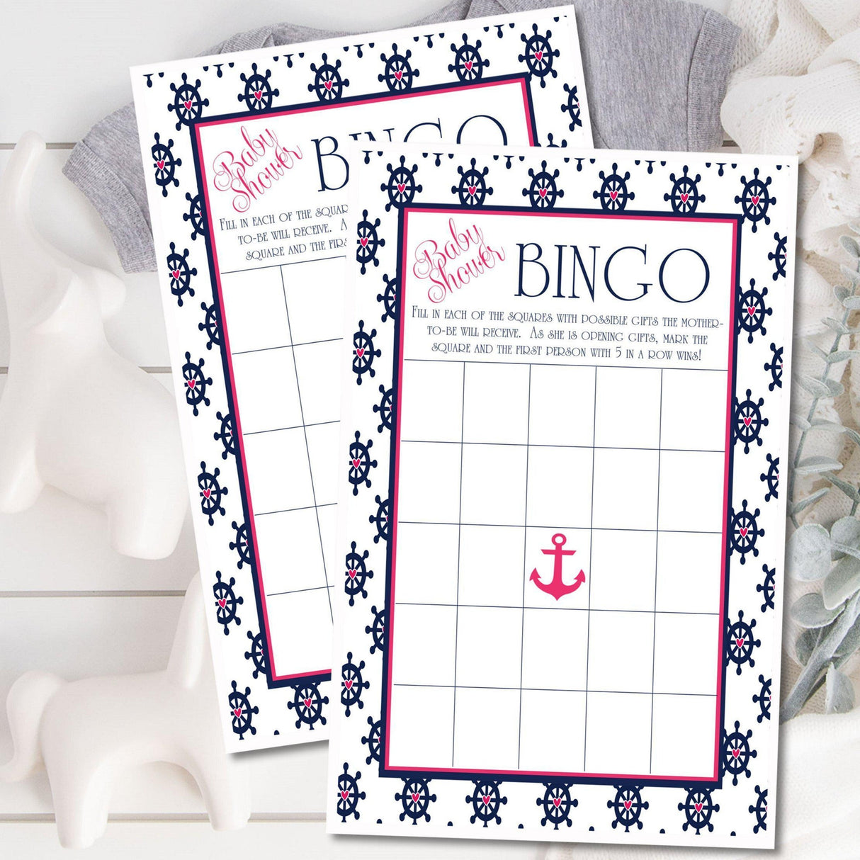 Navy pink nautical baby shower bingo printable game