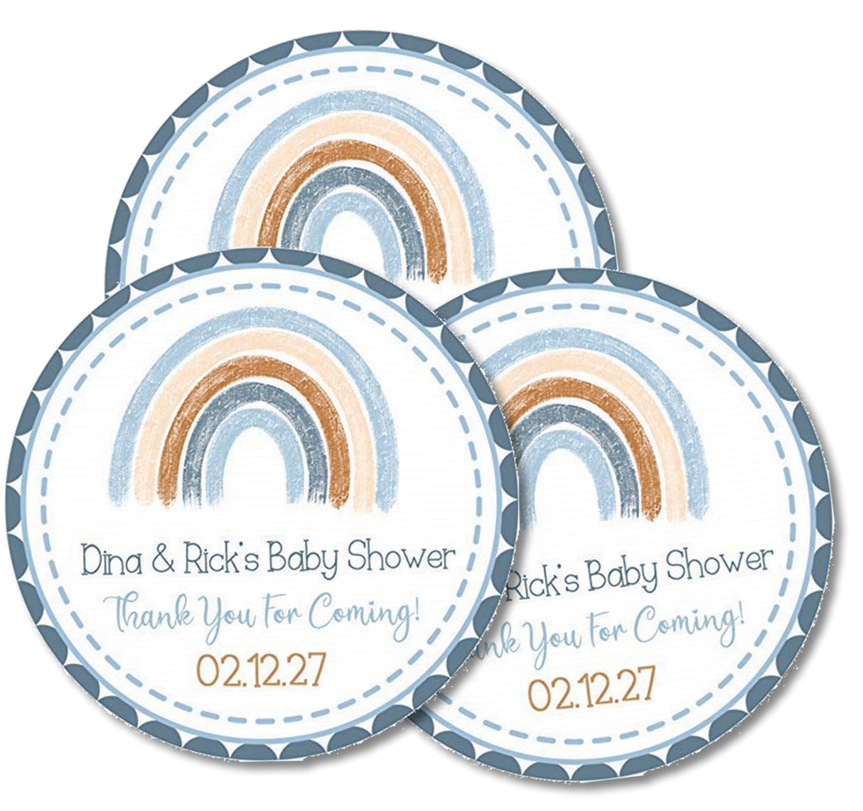Neutral blue rainbow baby shower favor label
