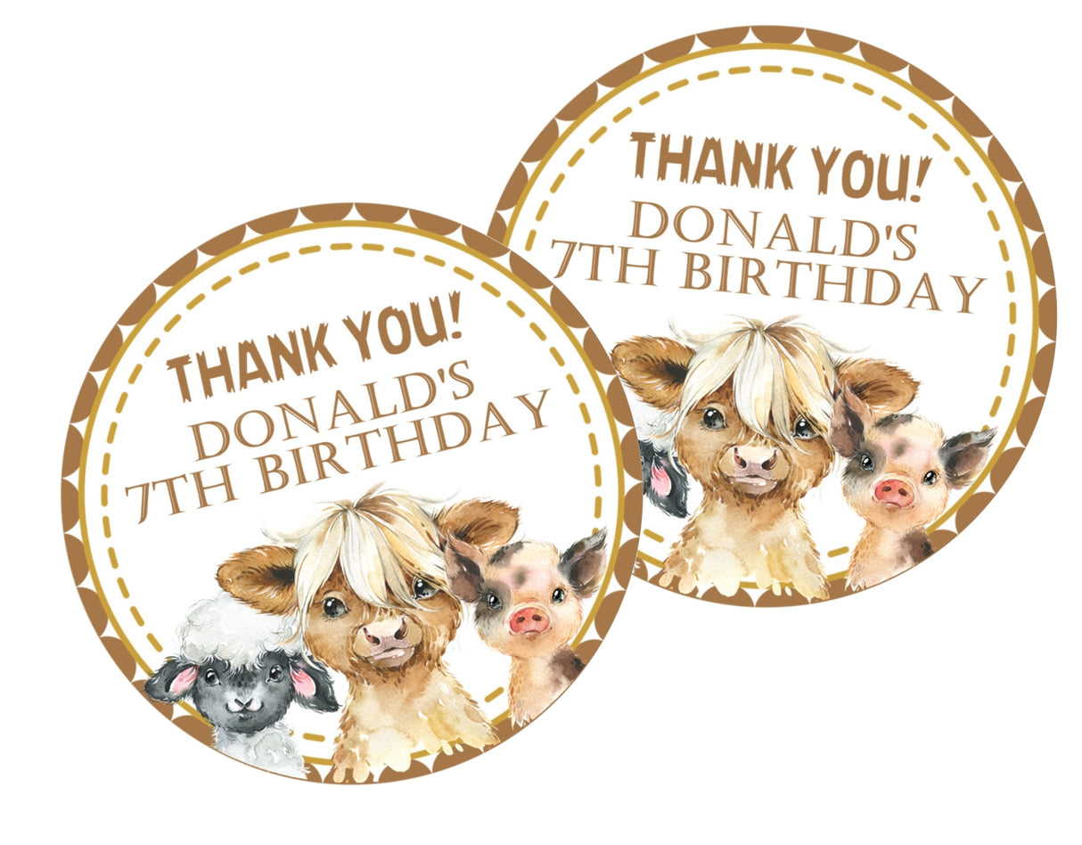 Neutral farm animal birthday sticker with cow pig lamb