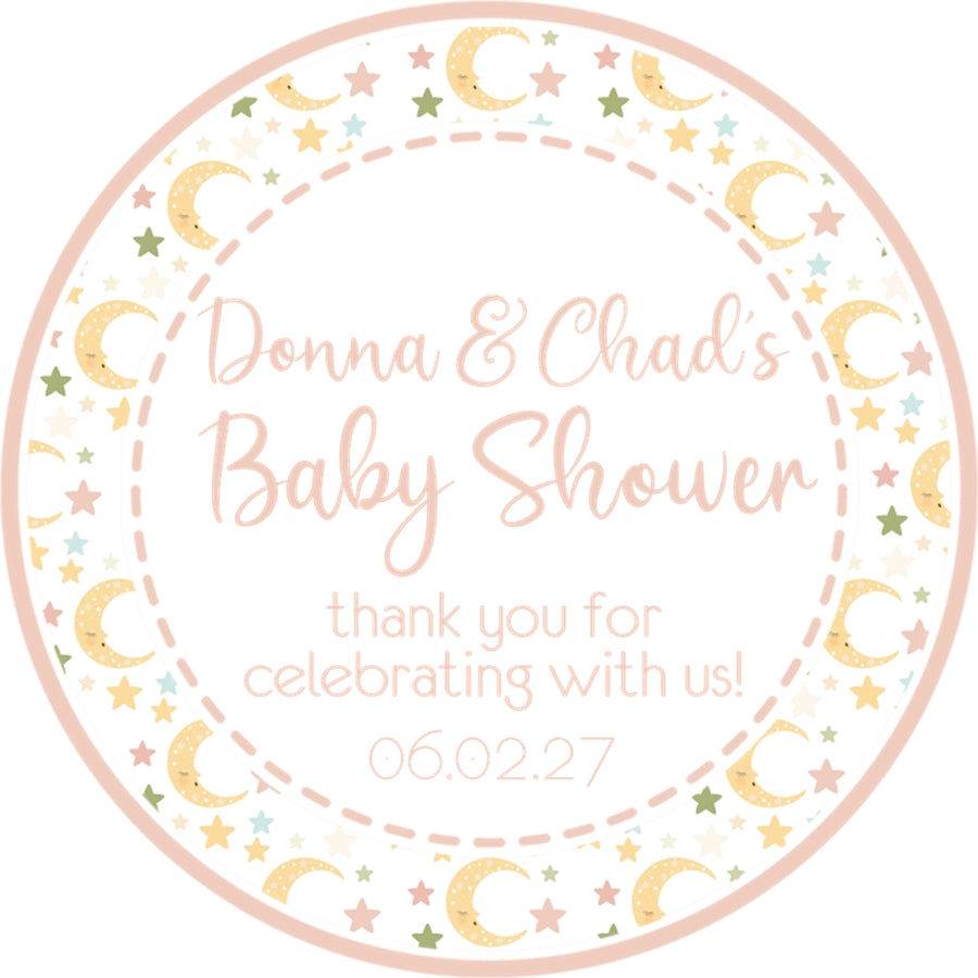Neutral moon and stars baby shower sticker with pastel celestial theme