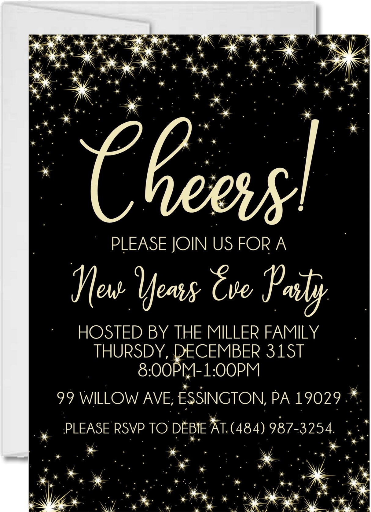 New Year's Eve party invitation collection featuring coordinating black and gold