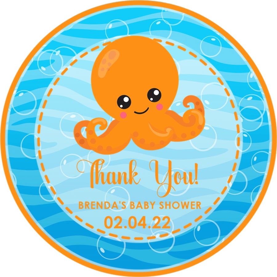 Ocean octopus baby shower sticker with blue water and bubbles