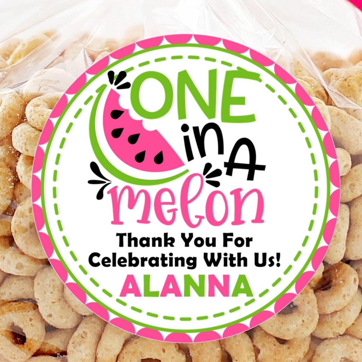 One in a Melon first birthday sticker with pink and lime watermelon slice