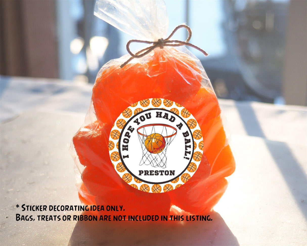 Orange ball and hoop treat bag sticker for sports party