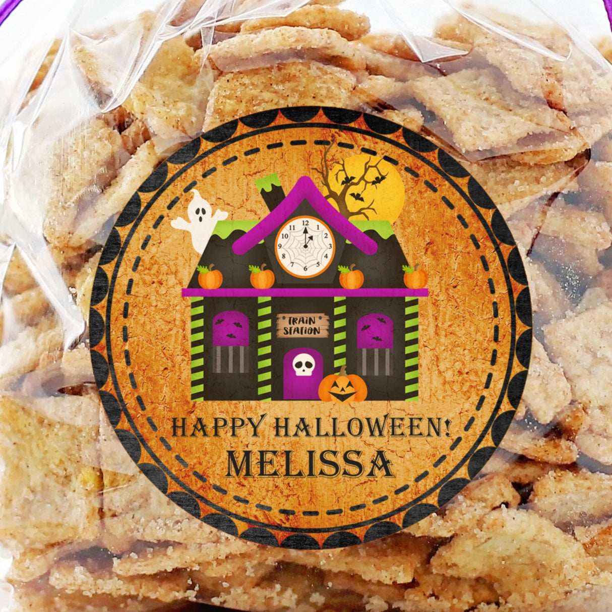 Orange haunted house Halloween sticker with spooky details