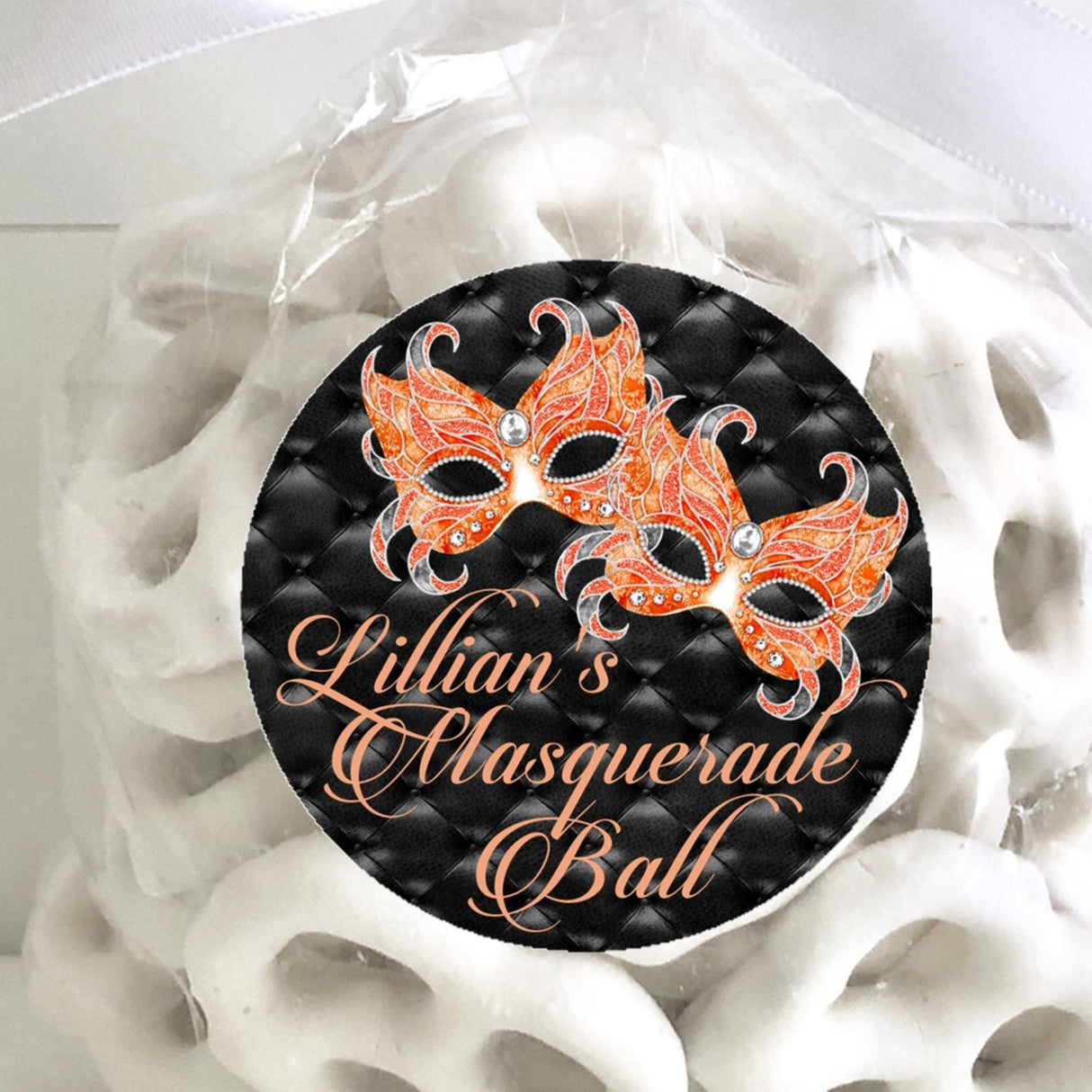Orange masquerade mask sticker with rhinestone-style details