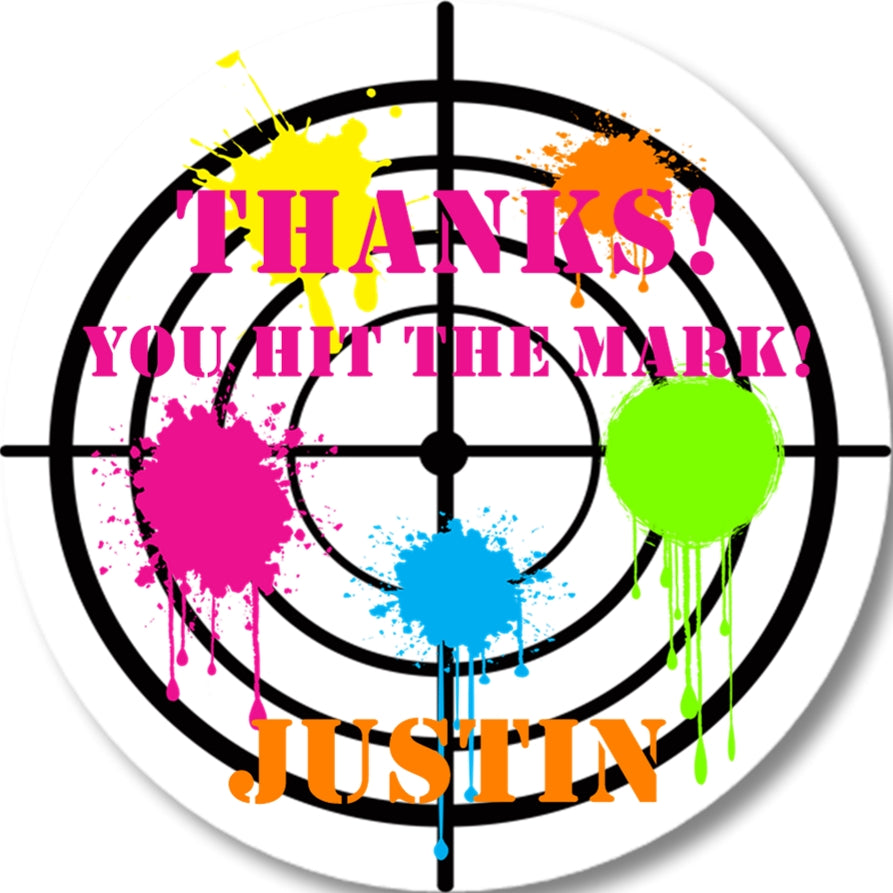 Paintball birthday sticker with target design and You Hit The Mark message