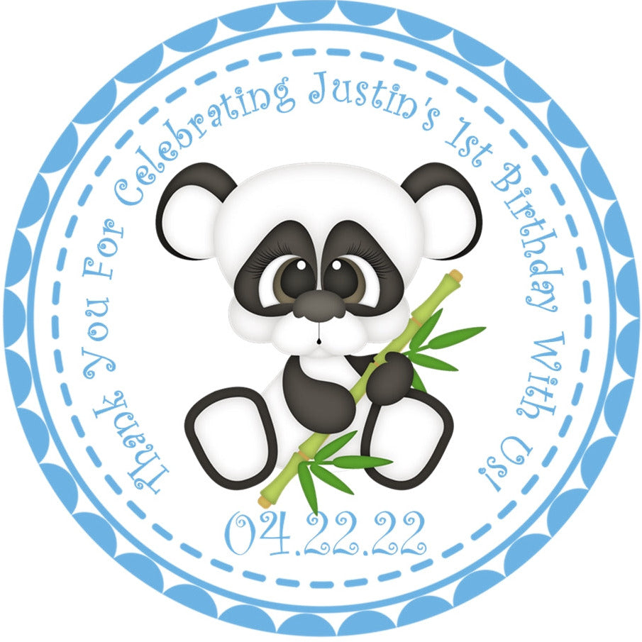 Panda 1st birthday sticker with bamboo and blue accents