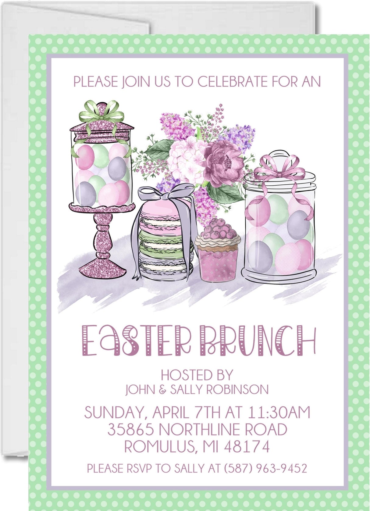Pastel Easter brunch invitation with dessert table and egg jars