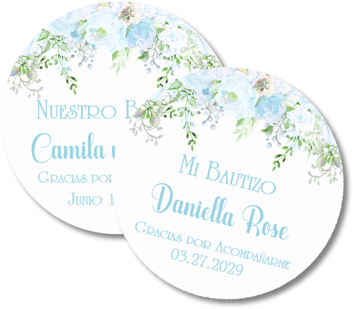 Pastel blue Bautizo favor label