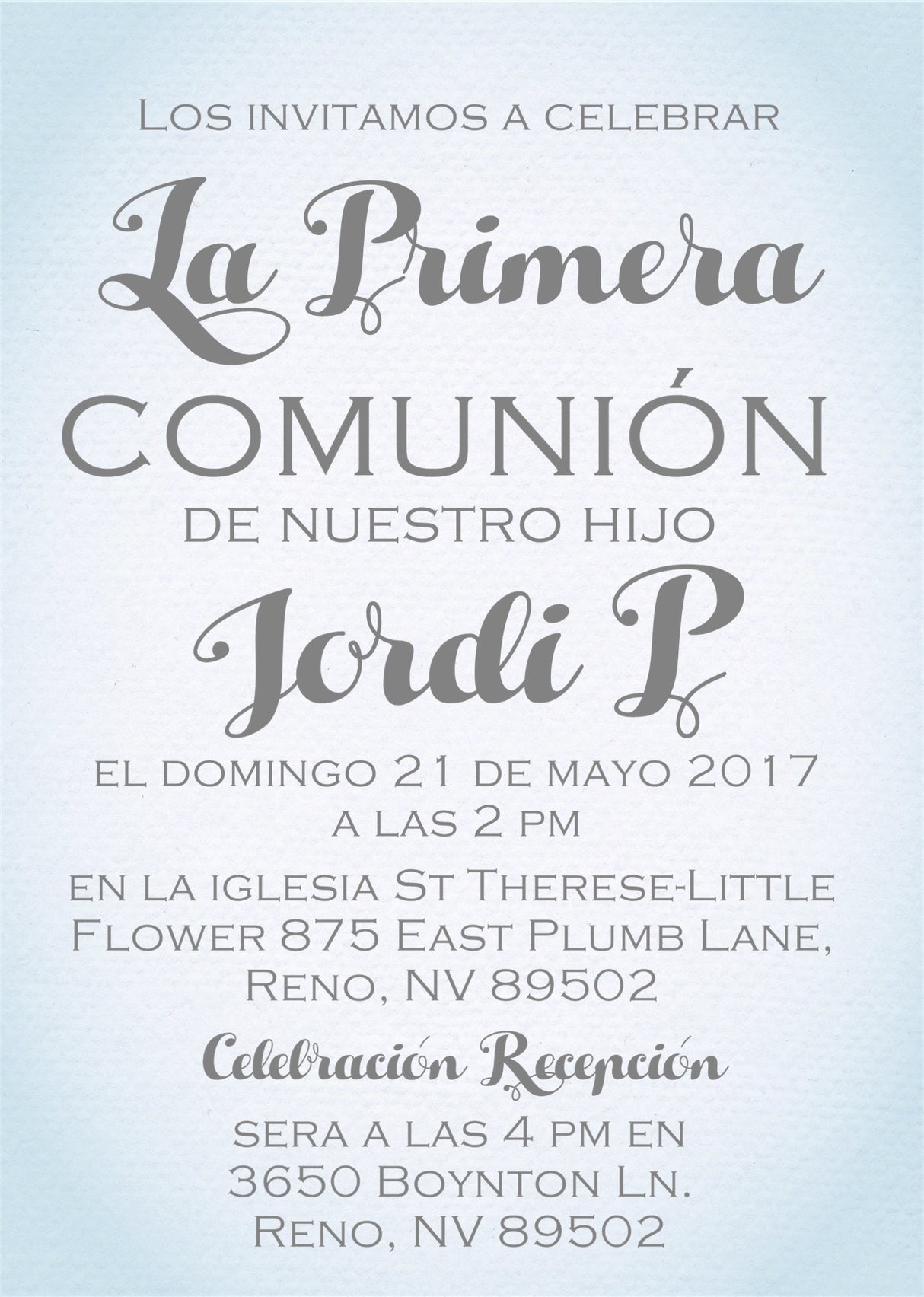 Pastel blue Spanish First Holy Communion invitation
