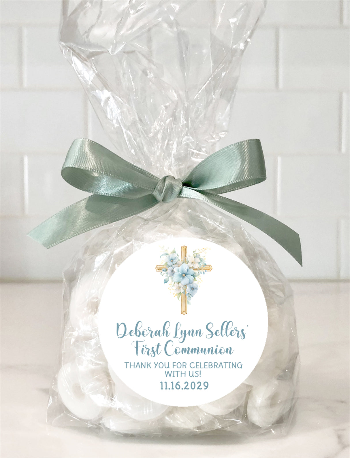 Pastel blue and gold communion favor label