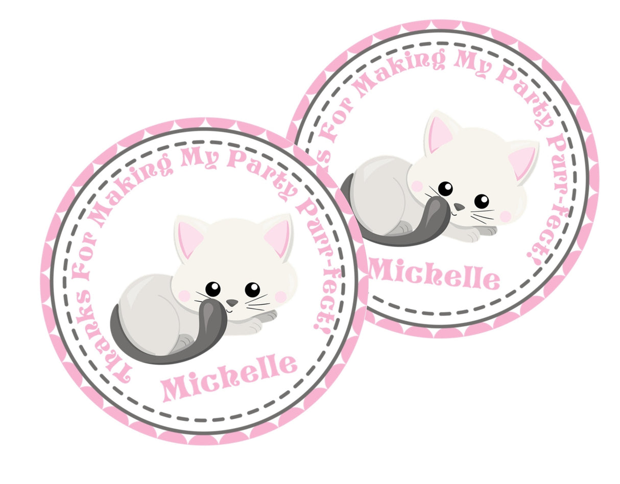 Pastel cat party favor label with stitched border