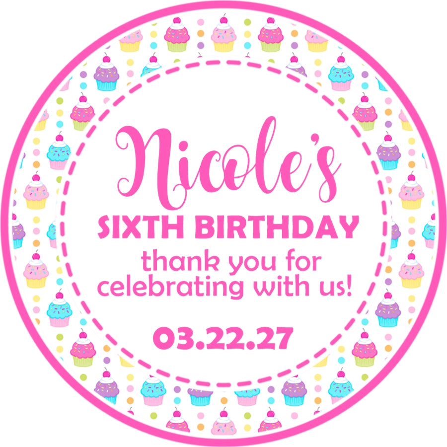 Pastel cupcake birthday sticker with colorful dessert pattern and personalized text