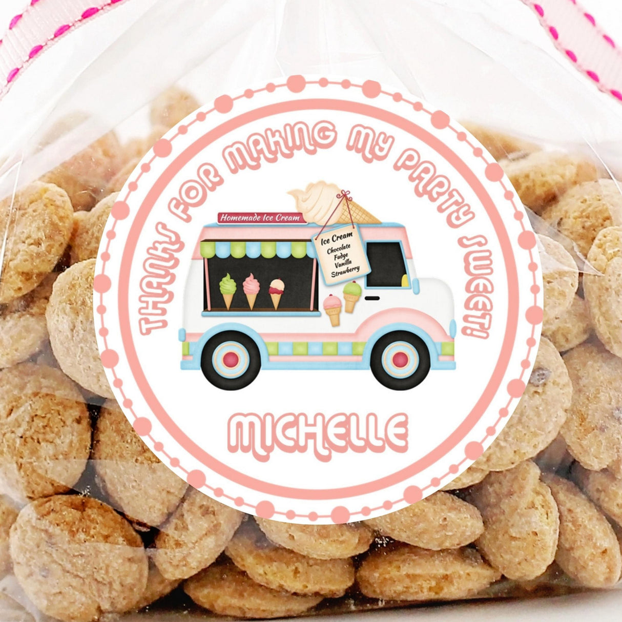 Pastel ice cream truck birthday sticker with cones and menu sign.