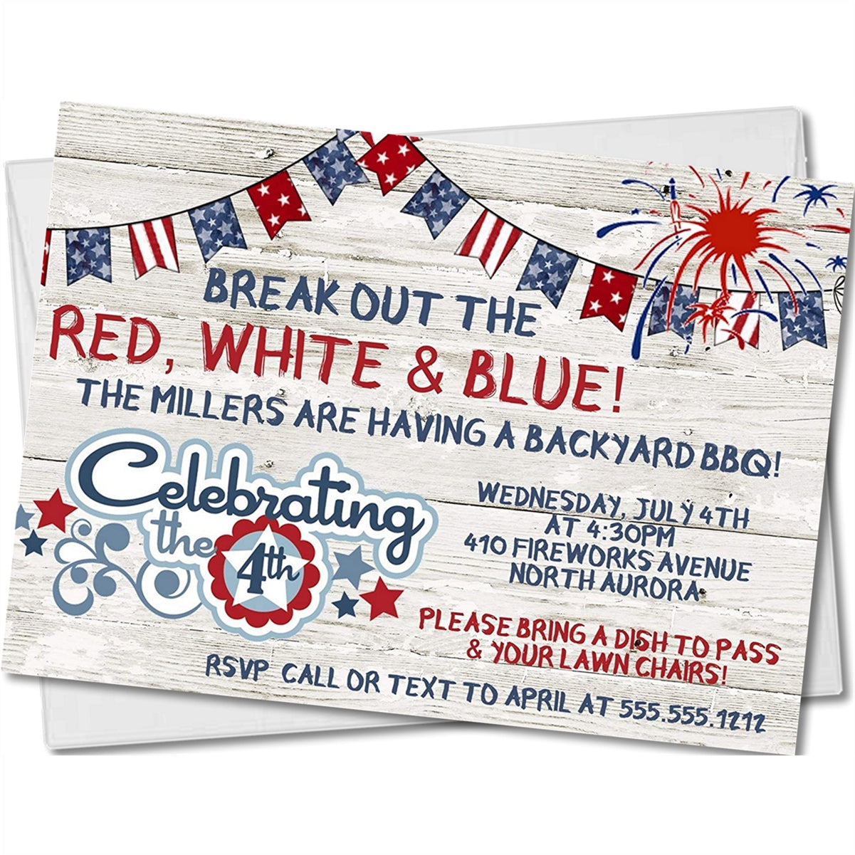 Patriotic backyard barbecue invitation with fireworks