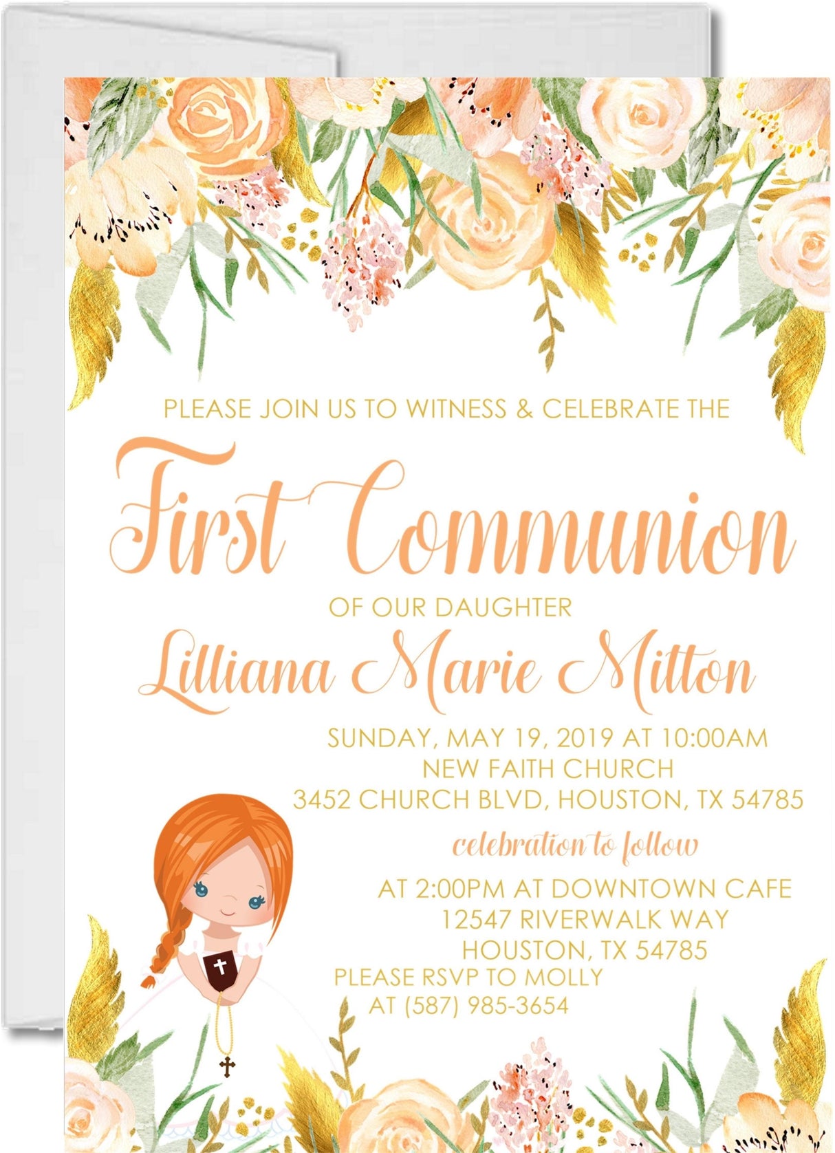 Peach and gold first holy communion invitation for girls