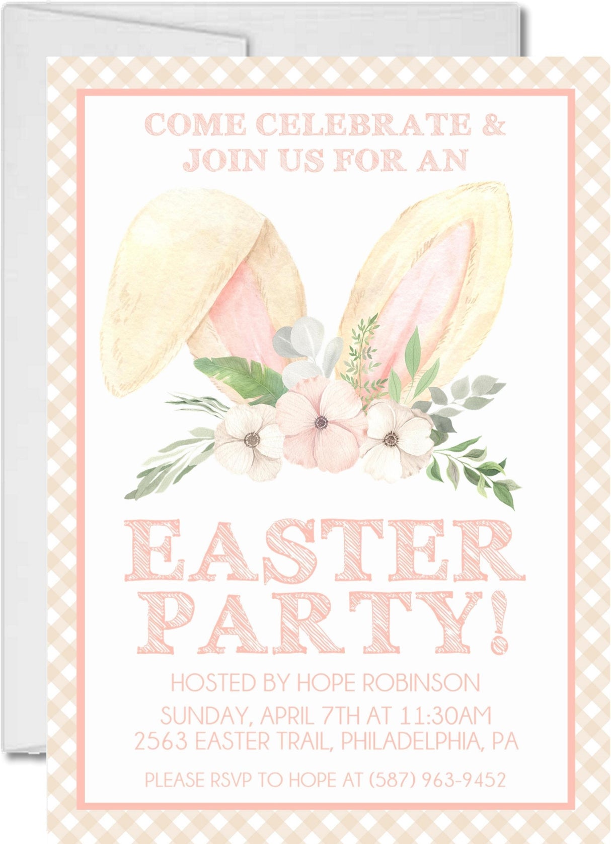 Peach gingham Easter invitation with watercolor bunny ears
