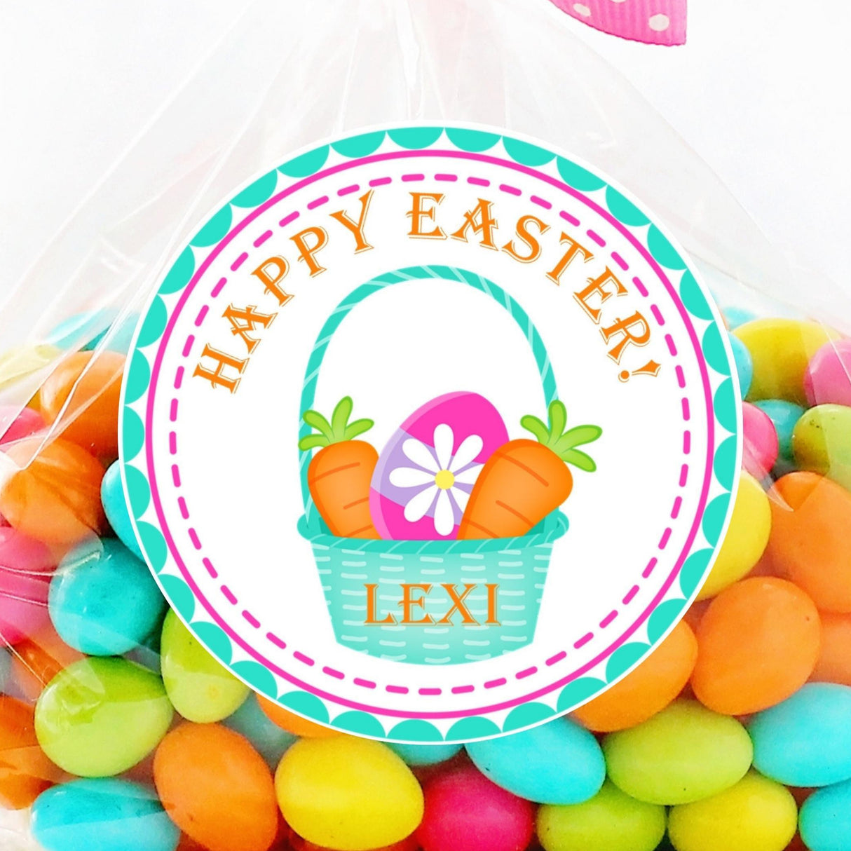 Personalized Easter basket sticker with eggs and carrots