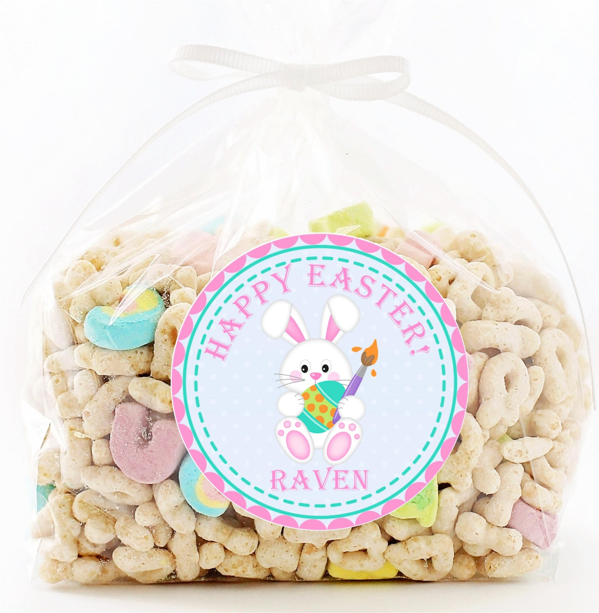 Personalized Easter bunny sticker with paint egg and custom name design