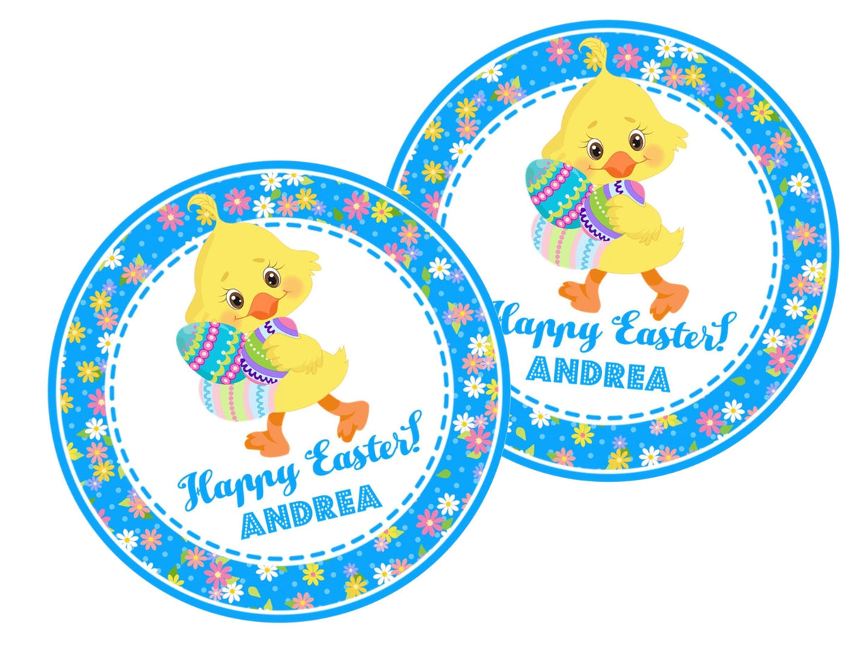 Personalized Easter chick sticker with blue floral border
