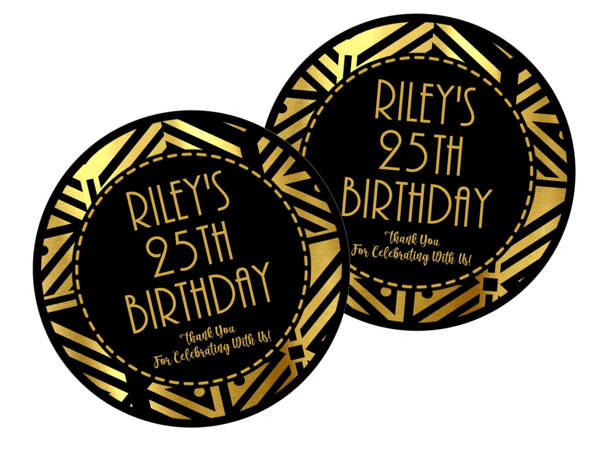 Personalized Gatsby birthday party favor label in black and gold