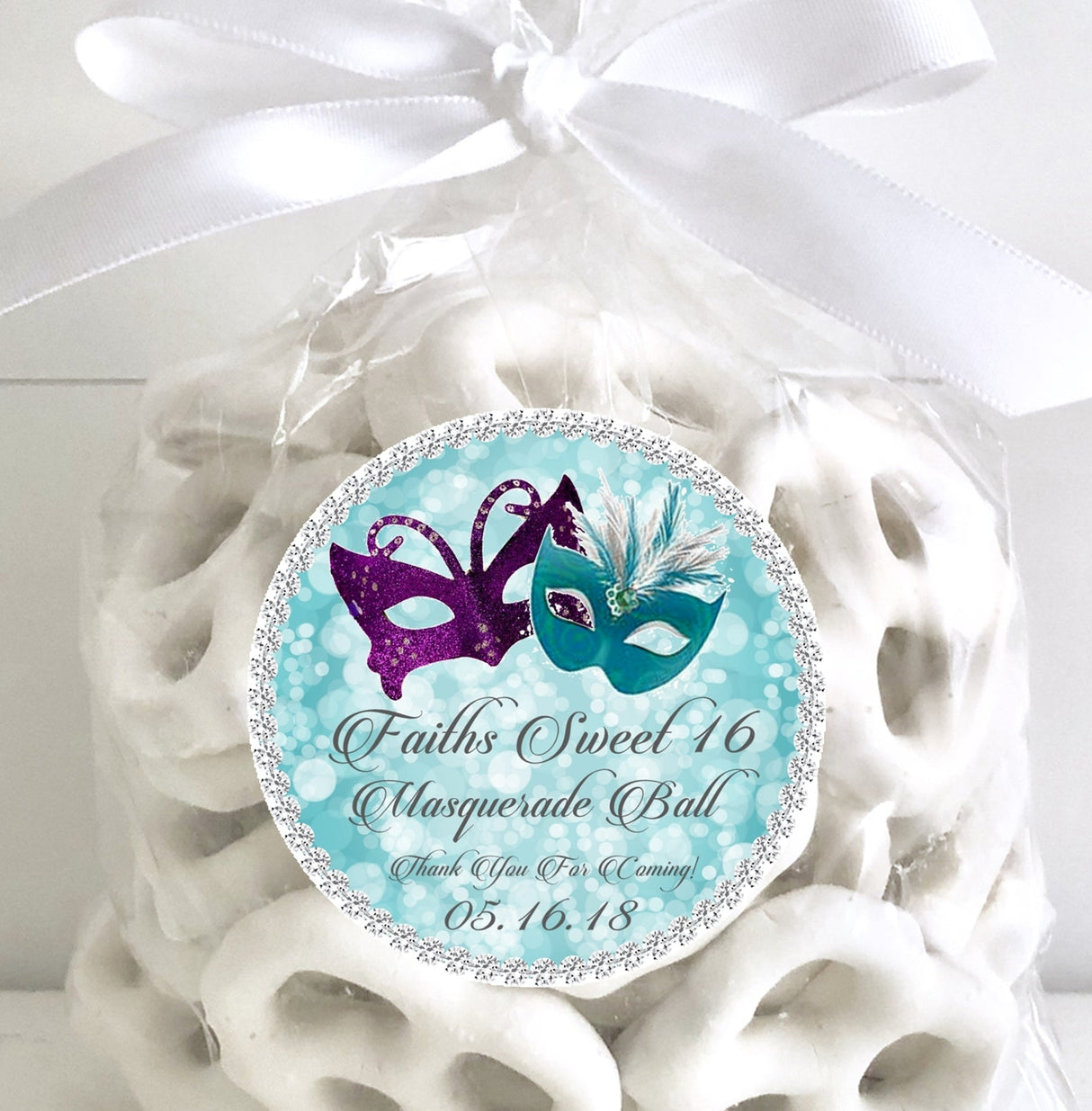 Personalized Sweet 16 masquerade sticker with two decorative masks