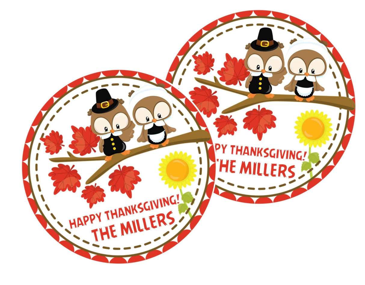 Personalized Thanksgiving owl favor label with autumn foliage design