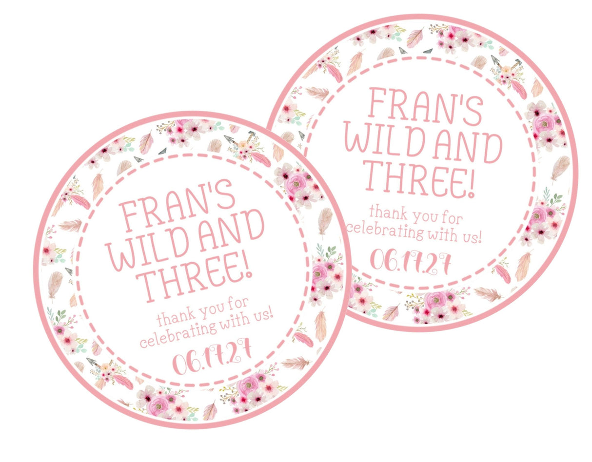 Personalized Wild and Three sticker with pink flowers