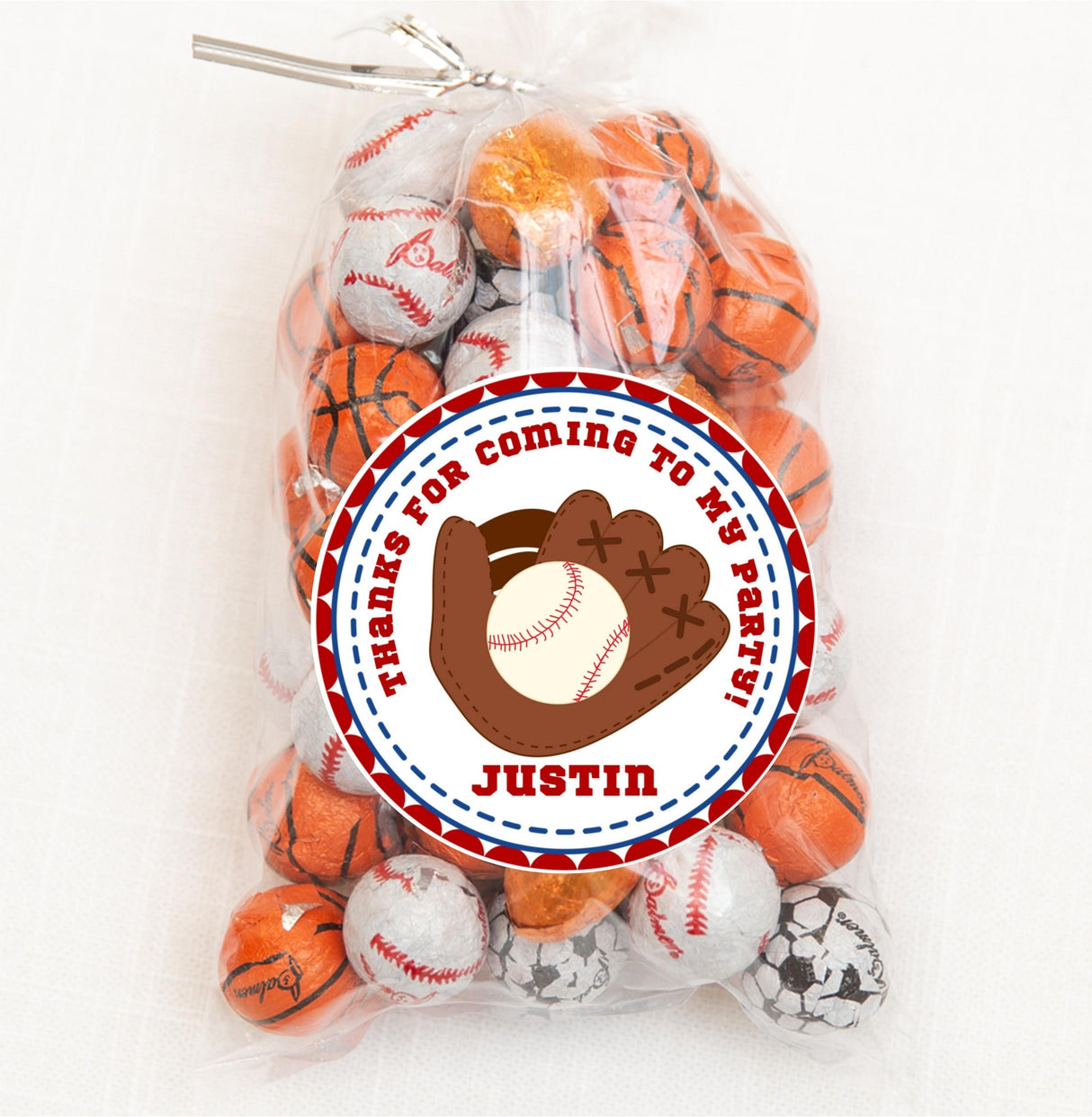 Personalized baseball party sticker featuring mitt and ball