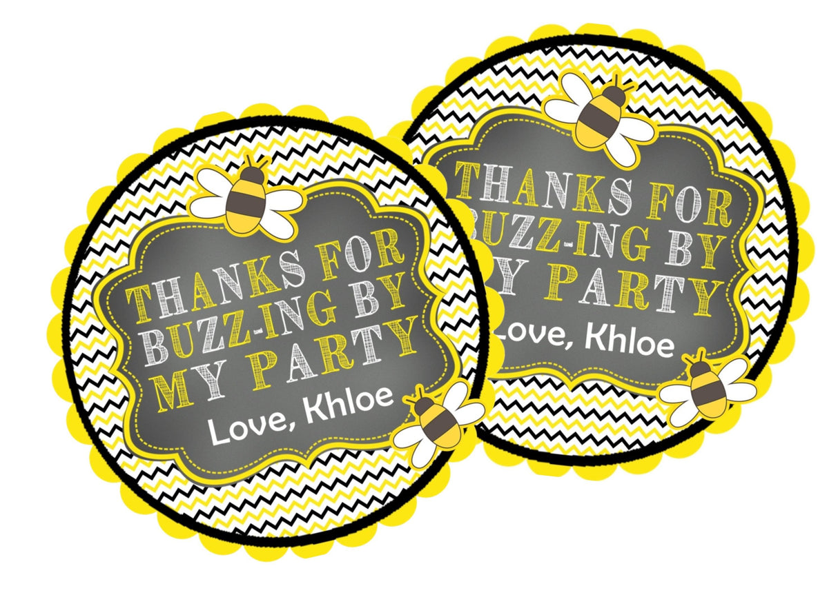 Personalized bee birthday favor label reading “Thanks for Buzz-ing By My Party”