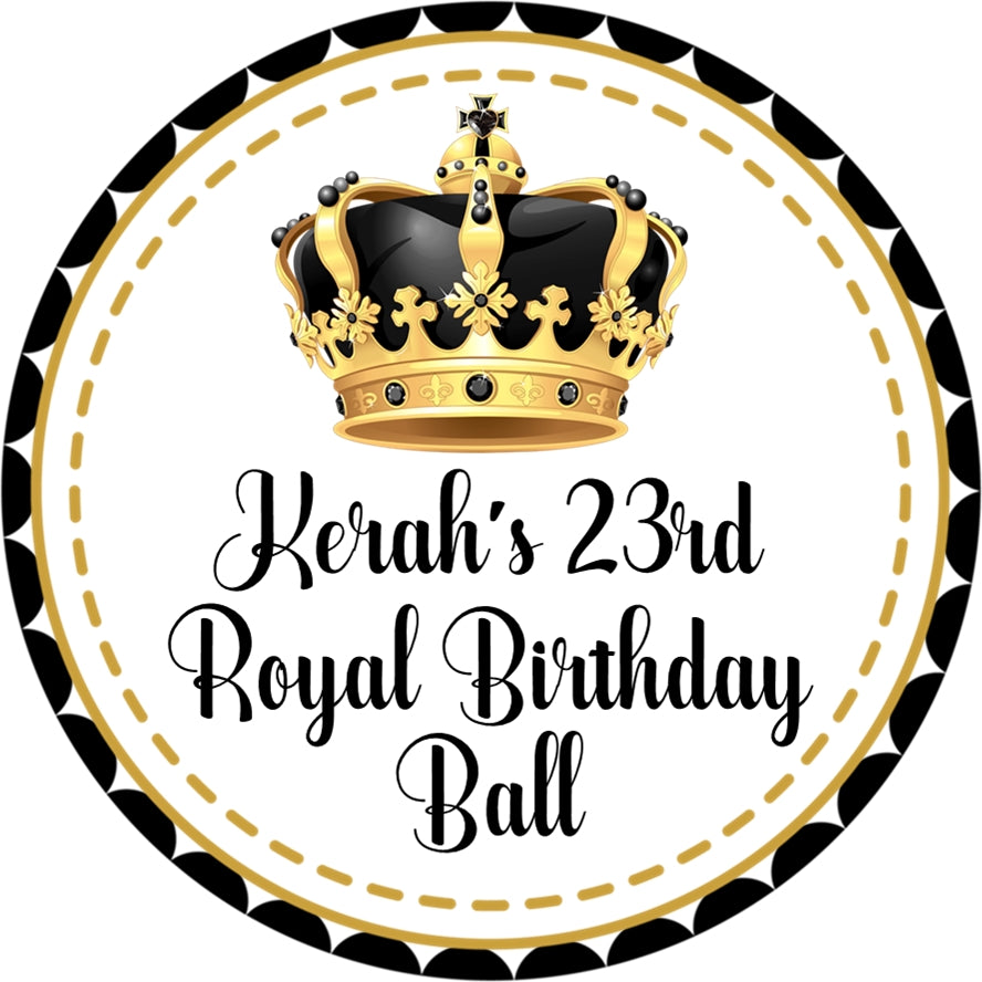 Personalized black and gold king crown party favor label