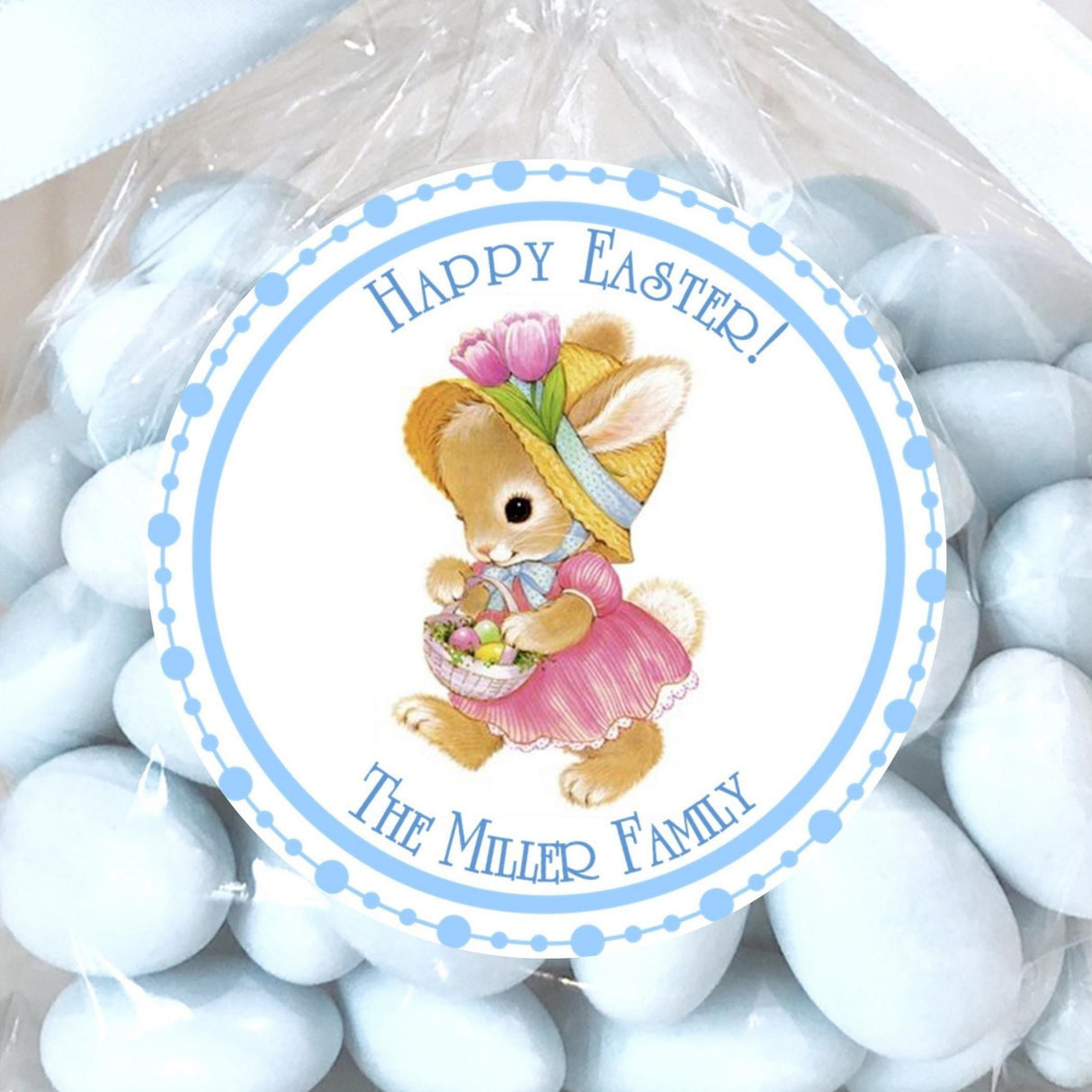 Personalized blue Easter bunny sticker with decorated egg