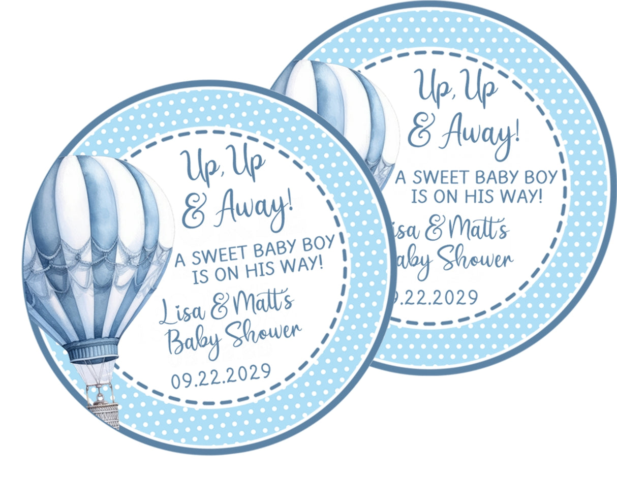 Personalized blue balloon baby shower labels
