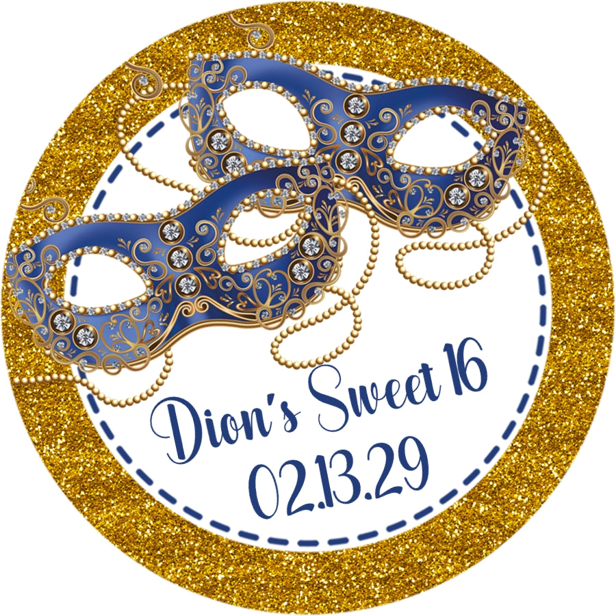Personalized blue masquerade mask party label