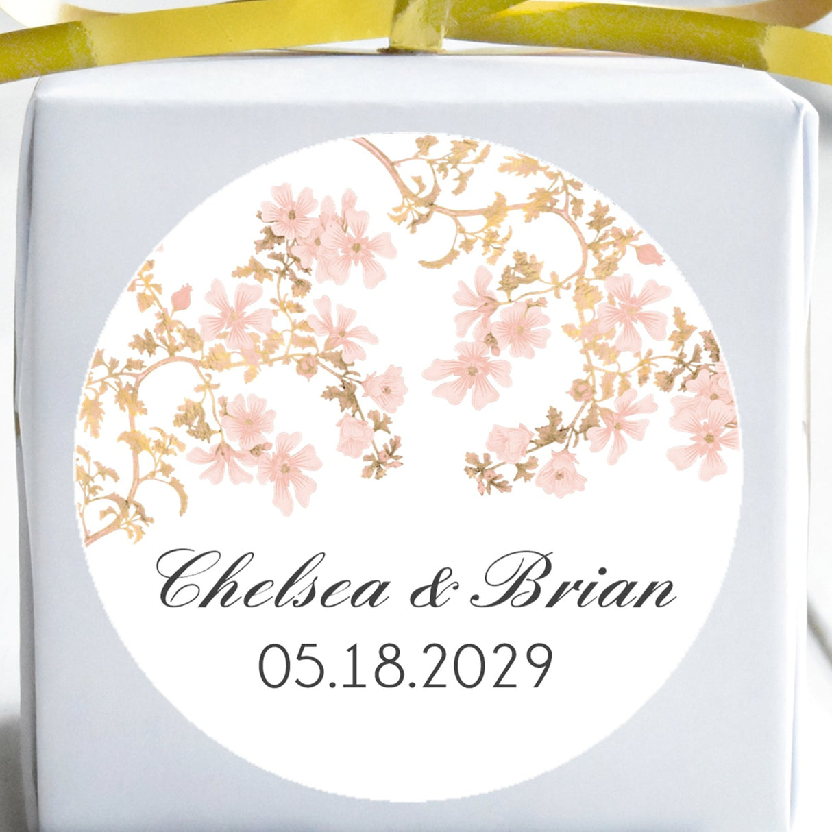 Personalized blush cherry blossom wedding stickers with names and wedding date.