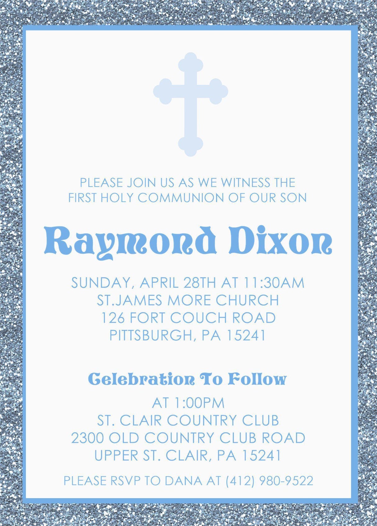 Personalized boy first holy communion invitation with blue typography