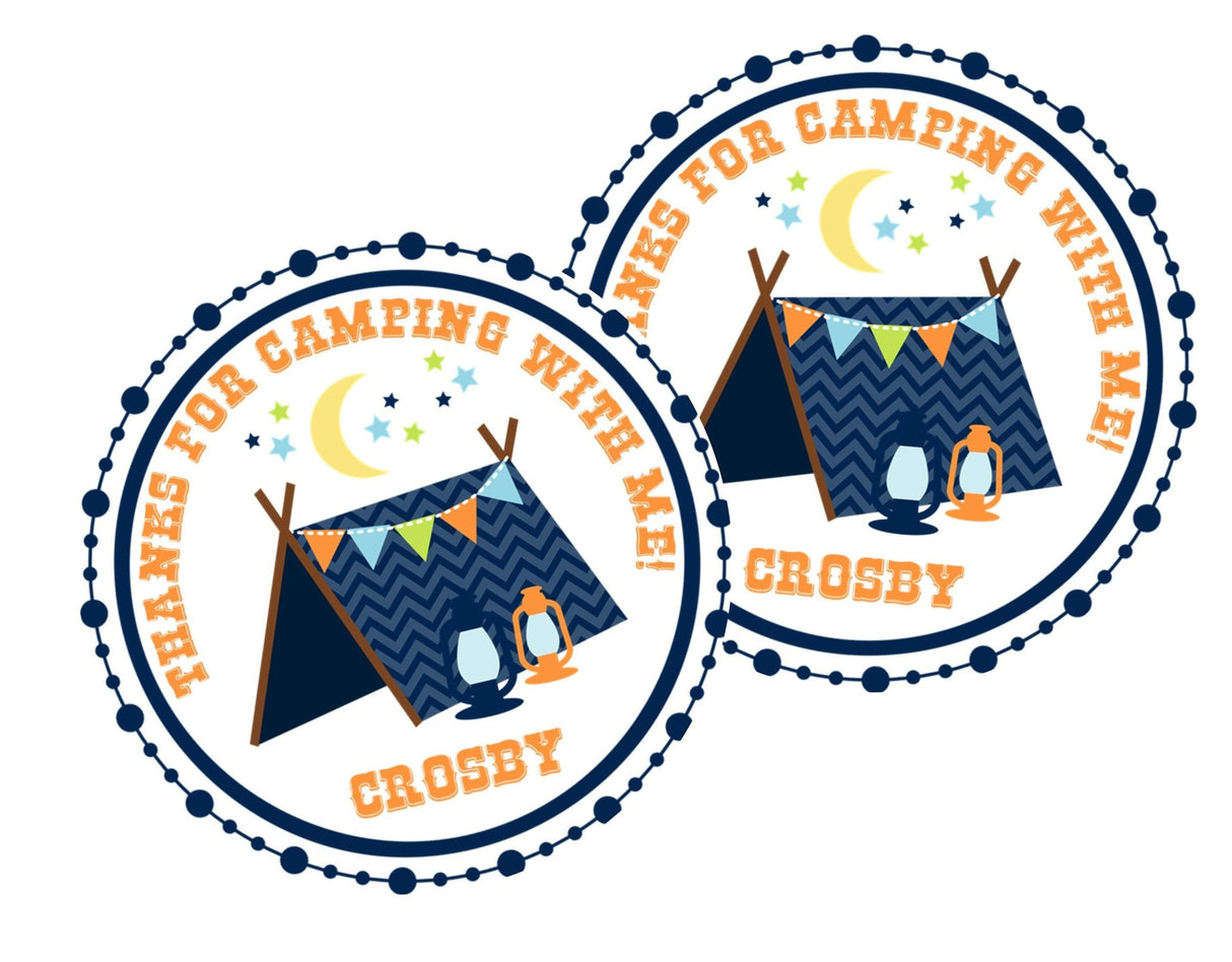 Personalized camping party label with bunting flags