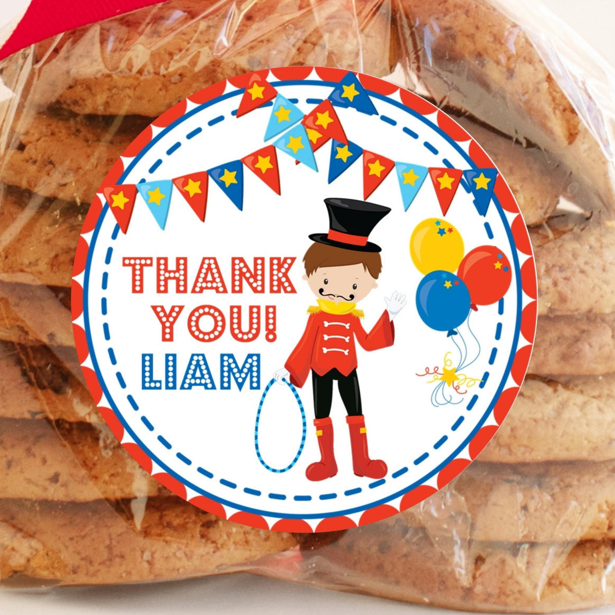 Personalized circus ringmaster sticker for treat bags
