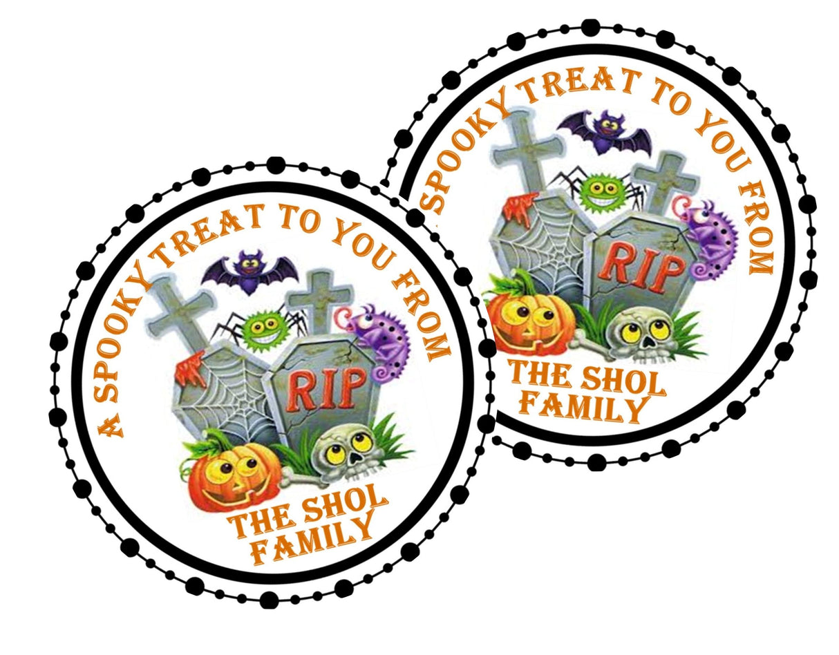 Personalized colorful Halloween favor label for kids party treat bags