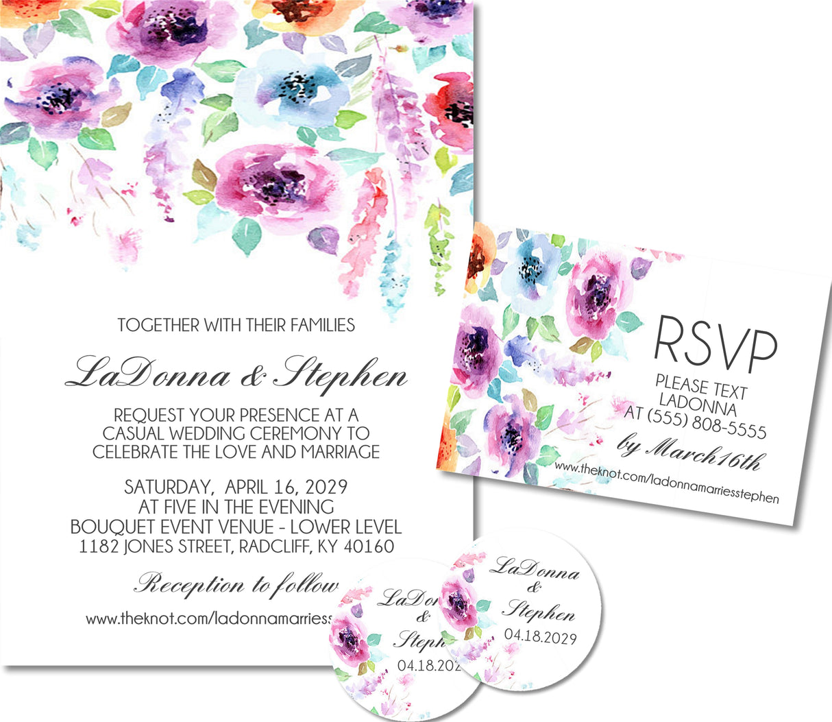Personalized colorful floral wedding invitation with matching RSVP card for spring and summer weddings.