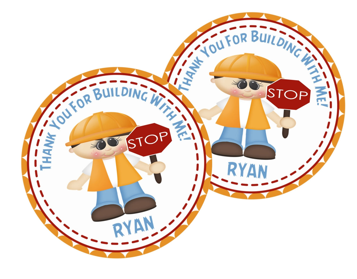 Personalized construction thank-you label with stop sign and hard hat