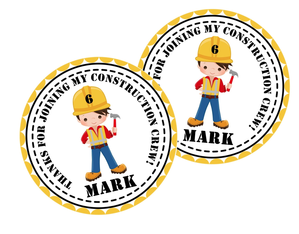 Personalized construction worker party sticker in yellow and black