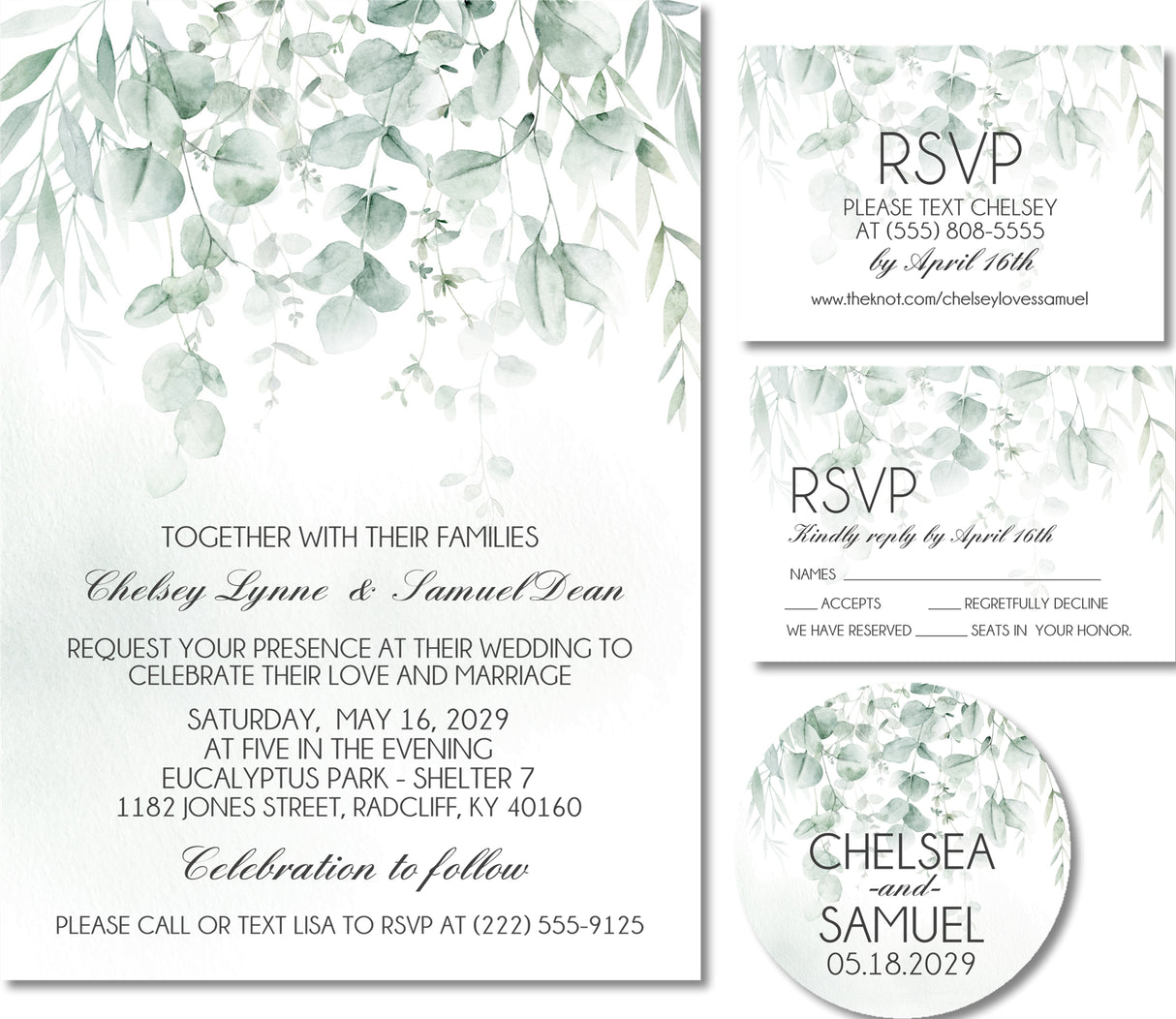 Personalized eucalyptus wedding invitation with optional matching RSVP cards and 2-inch stickers.