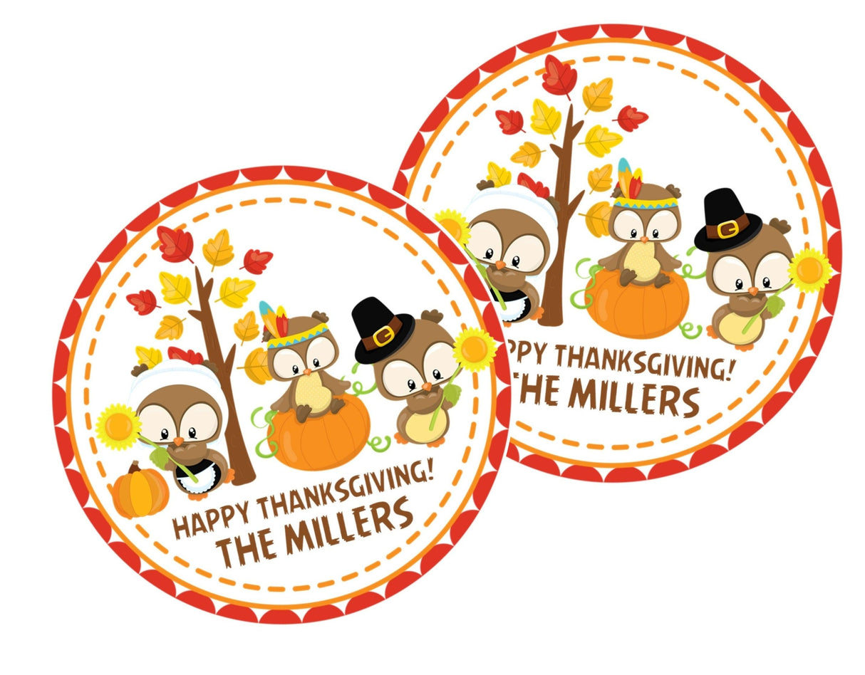 Personalized fall owl favor label featuring pumpkin patch scene